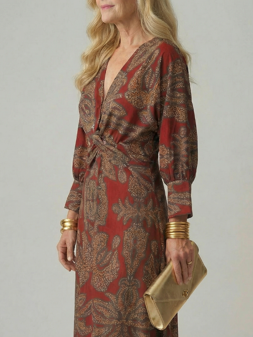Lune Natural Wrap Midi Dress with Long Sleeves
