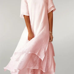 Tiered long dress shown from the front