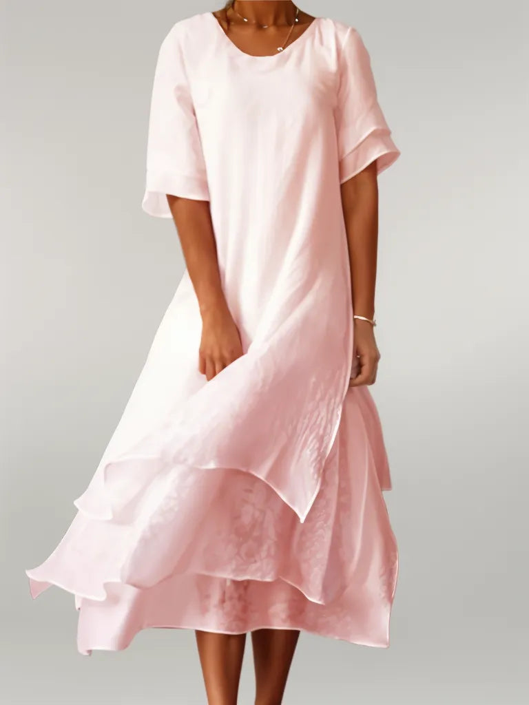 Tiered long dress shown from the front