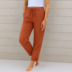 Adrianna linen stretch trousers styled for a warm day