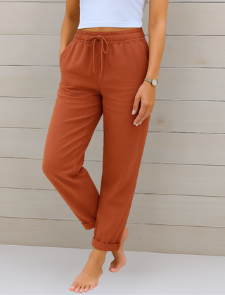 Adrianna linen stretch trousers styled for a warm day