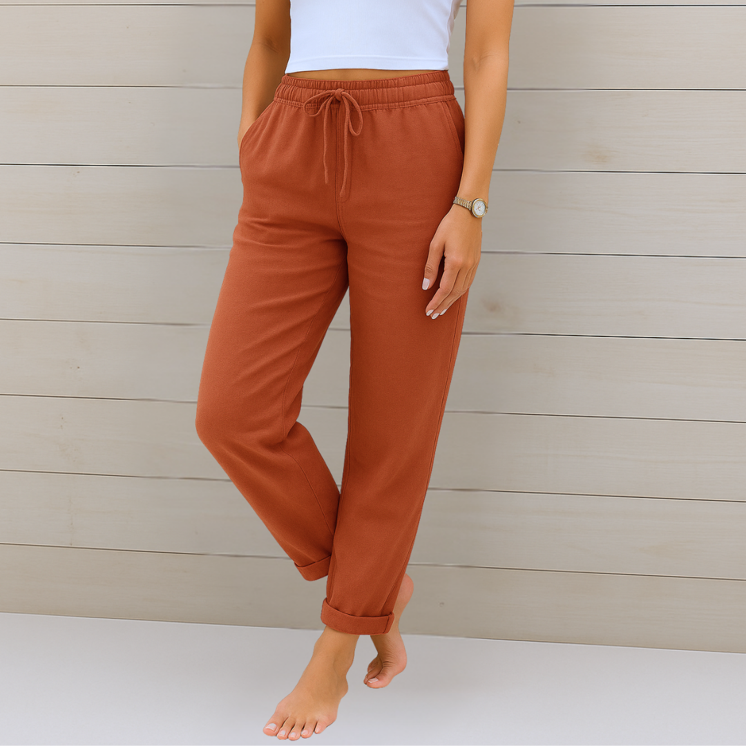 Adrianna linen stretch trousers styled for a warm day