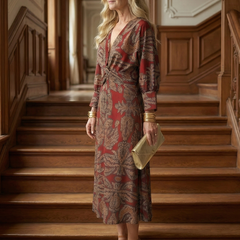 Lune Natural Wrap Midi Dress with Long Sleeves