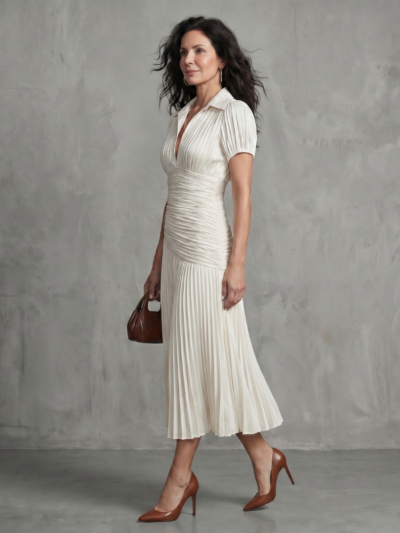 Theodora Pleated Waistline Stripe Midi Dress