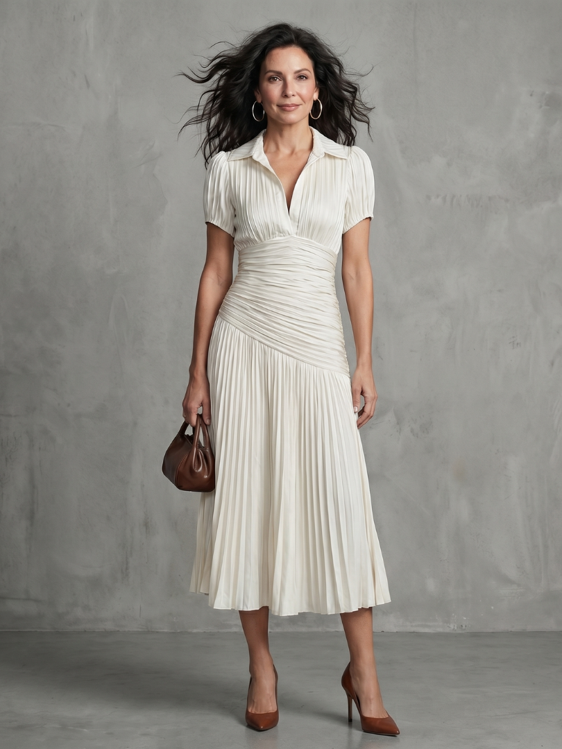 Theodora Pleated Waistline Stripe Midi Dress