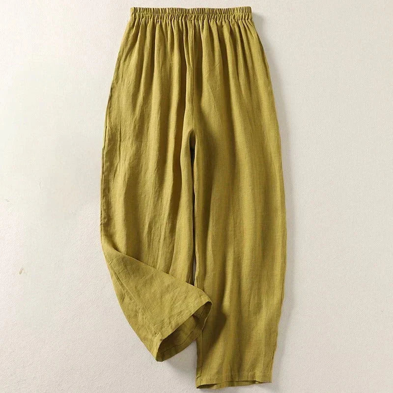 Karina linen pants styled with a light top