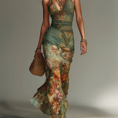 Shantoria Maxi Dress with Floral Print and Mesh Overlay
