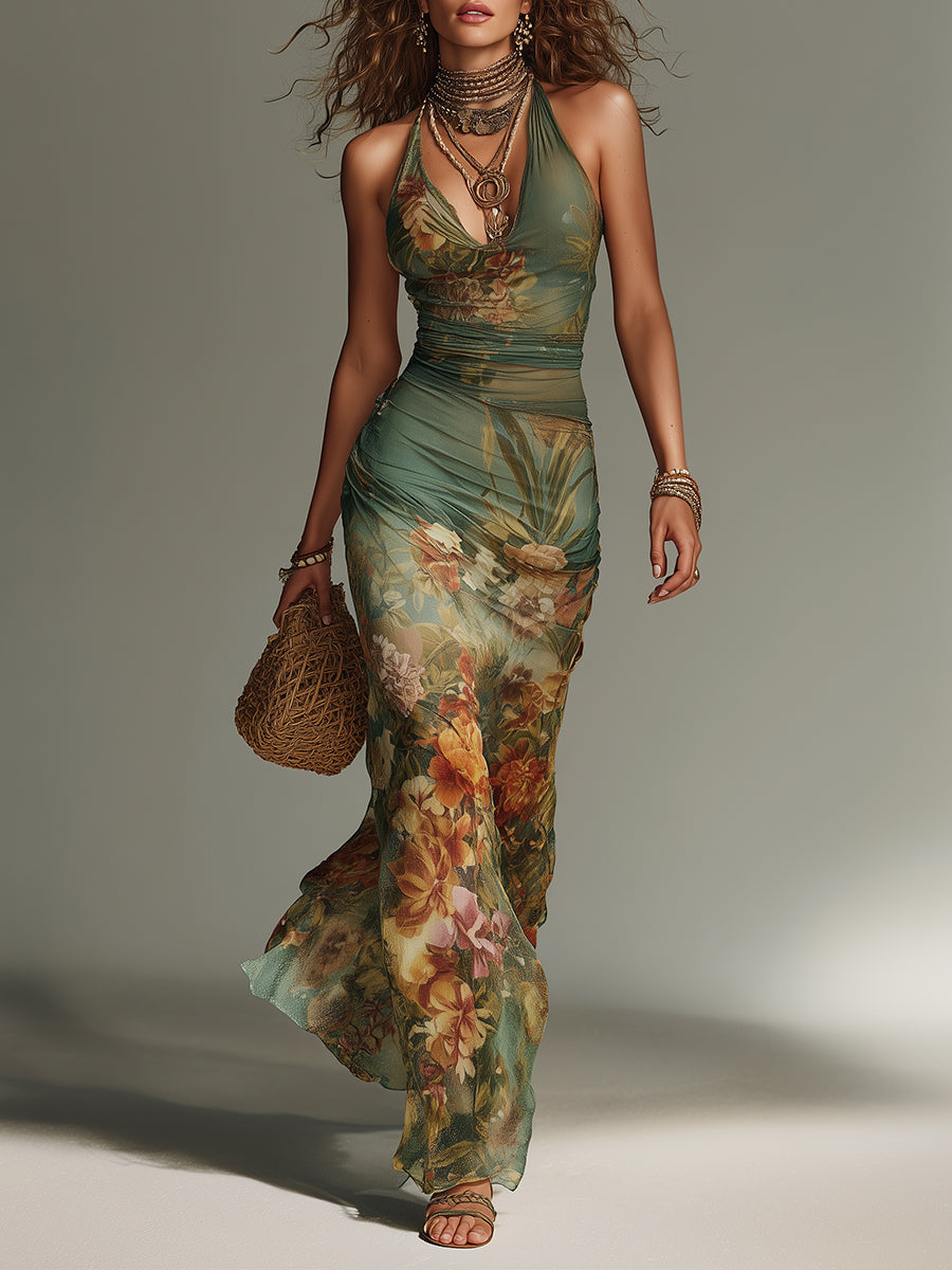 Shantoria Maxi Dress with Floral Print and Mesh Overlay