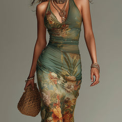 Shantoria Maxi Dress with Floral Print and Mesh Overlay