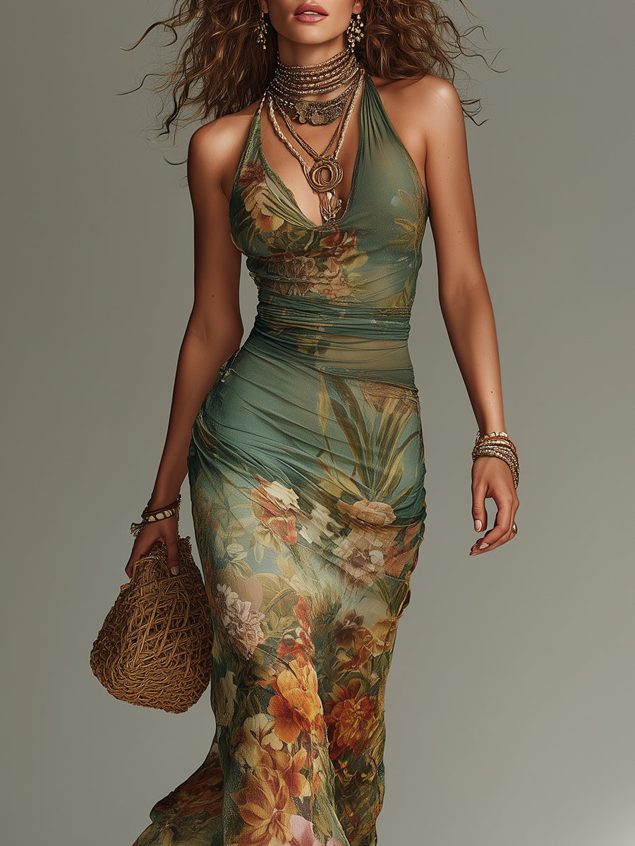 Shantoria Maxi Dress with Floral Print and Mesh Overlay