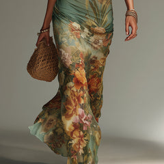 Shantoria Maxi Dress with Floral Print and Mesh Overlay