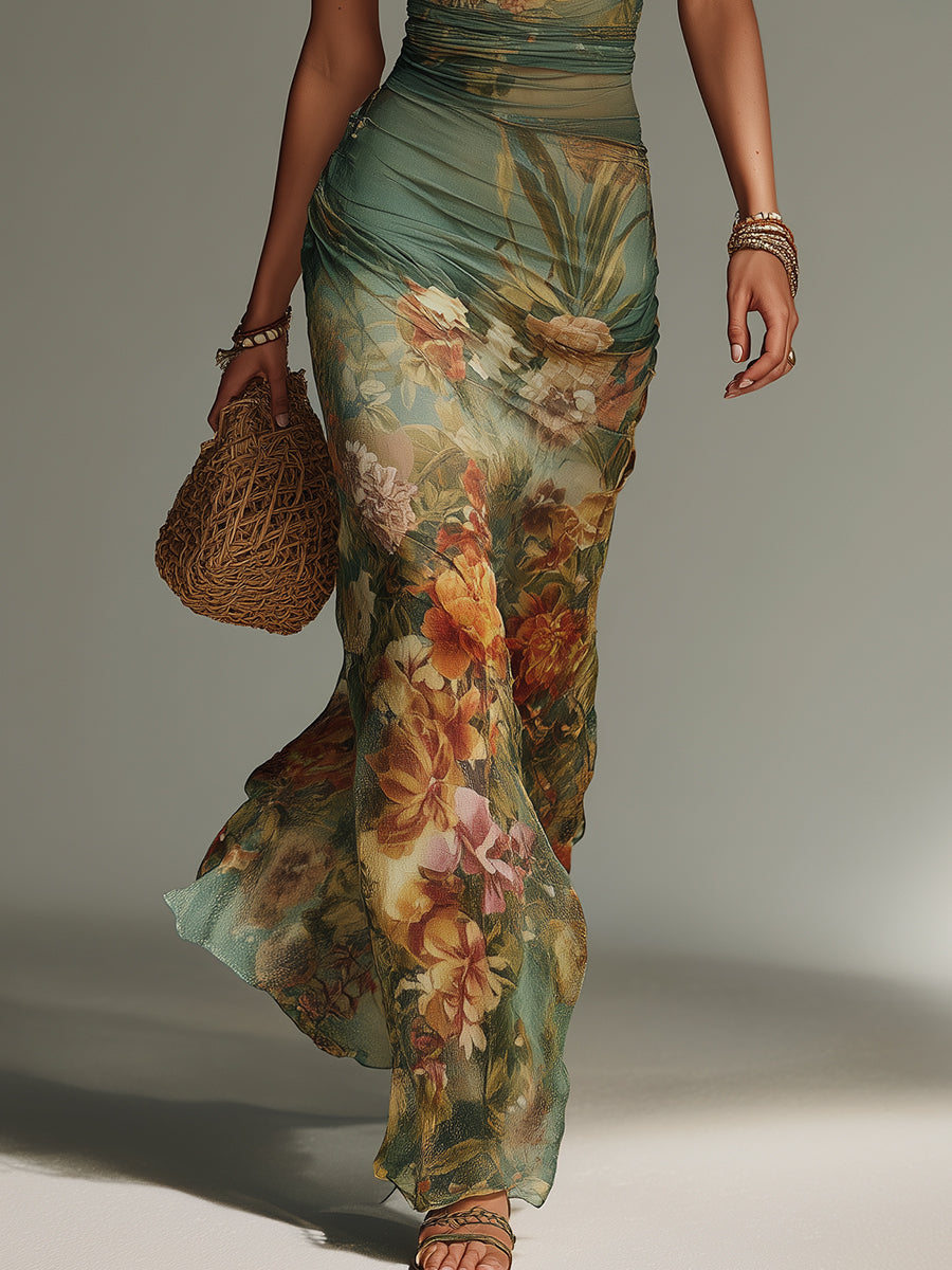 Shantoria Maxi Dress with Floral Print and Mesh Overlay