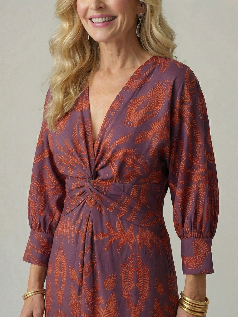 Lune Natural Wrap Midi Dress with Long Sleeves