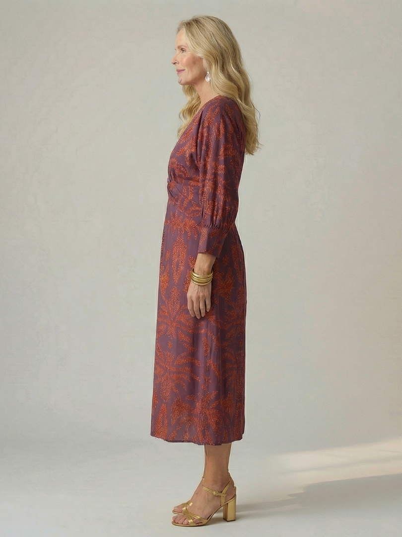 Lune Natural Wrap Midi Dress with Long Sleeves
