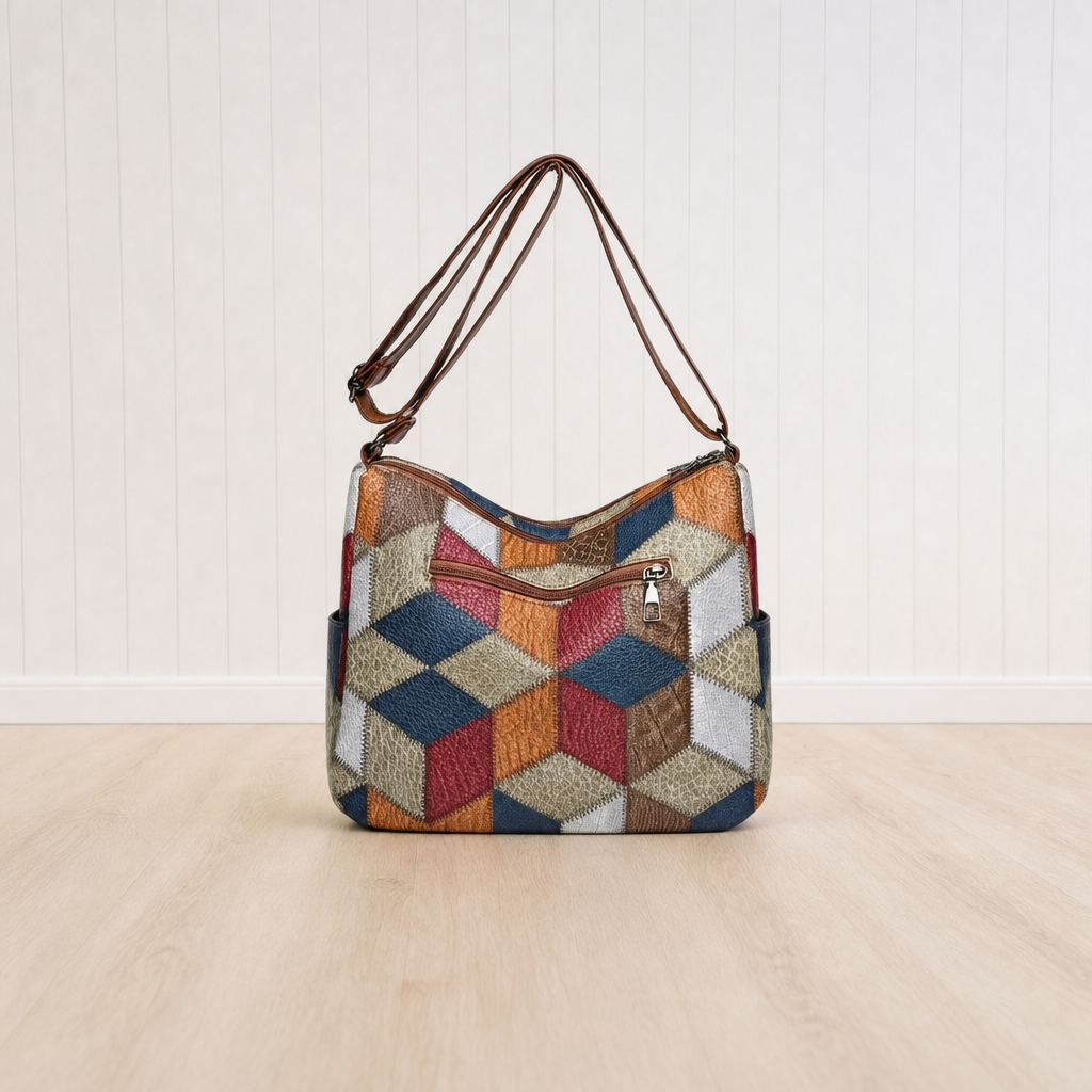 Nella patchwork shoulder bag, front view with the adjustable leather strap