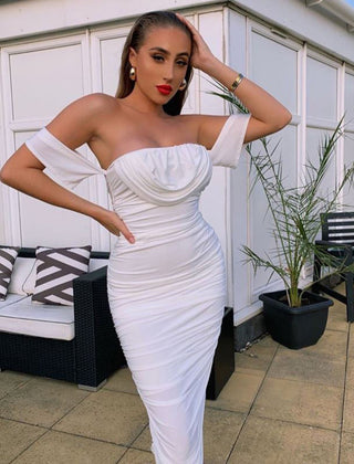 Kliti off shoulder ruched midi dress front view