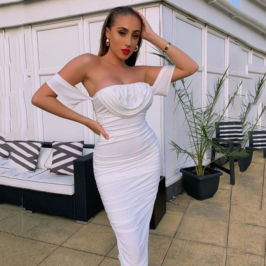 Kliti off shoulder ruched midi dress front view