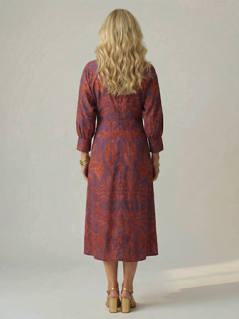 Lune Natural Wrap Midi Dress with Long Sleeves