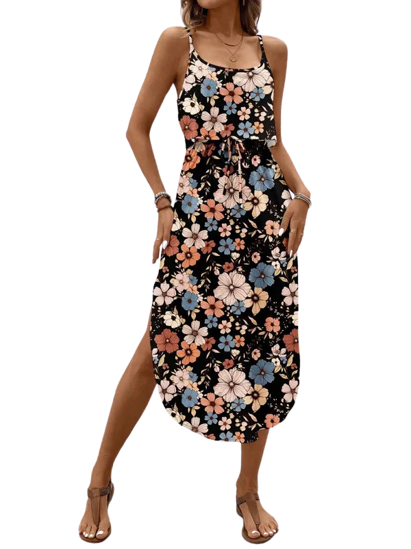Tie dye floral dress on a model