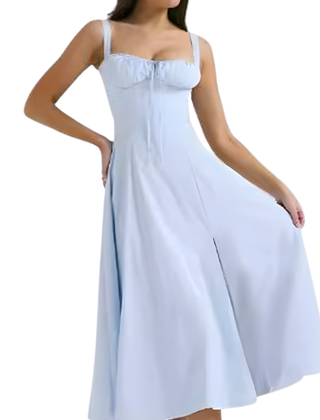 Ruched corset midi dress with a full skirt