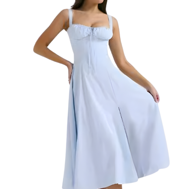 Ruched corset midi dress with a full skirt