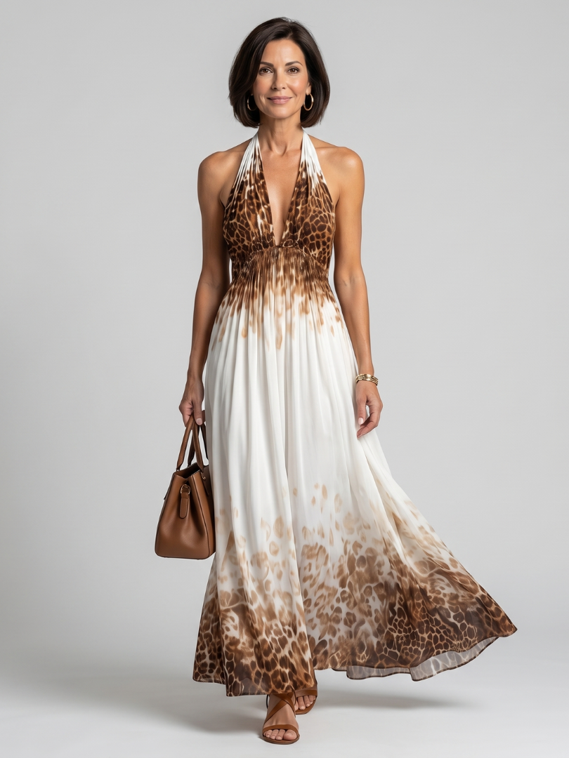 Orlune Pleated White Midi Dress with Long Sleeves