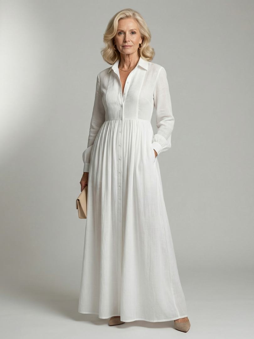 Lioren Soft Flow Maxi Dress with Button Front and Pockets