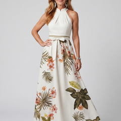 Meadow Draped Halter Botanical Panel Maxi Dress
