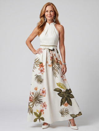 Meadow Draped Halter Botanical Panel Maxi Dress
