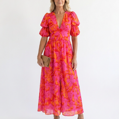 Naomi Floral V Neck Puff Sleeve Midi Dress