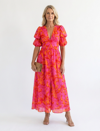Naomi Floral V Neck Puff Sleeve Midi Dress