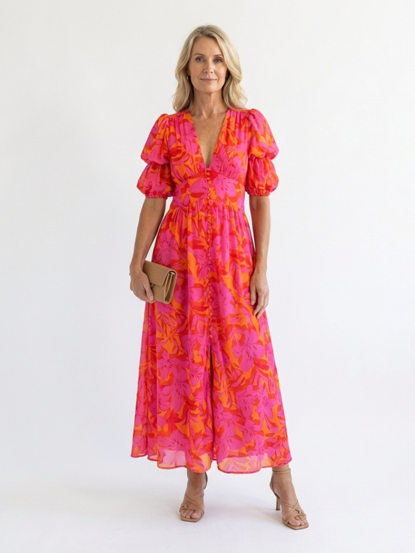 Naomi Floral V Neck Puff Sleeve Midi Dress