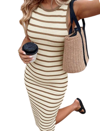 Striped midi dress worn with sandals