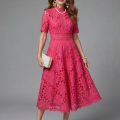 Tabitha Short Sleeve Eyelet Lace Fitted Waist Midi Dress