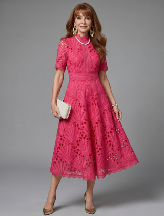 Tabitha Short Sleeve Eyelet Lace Fitted Waist Midi Dress
