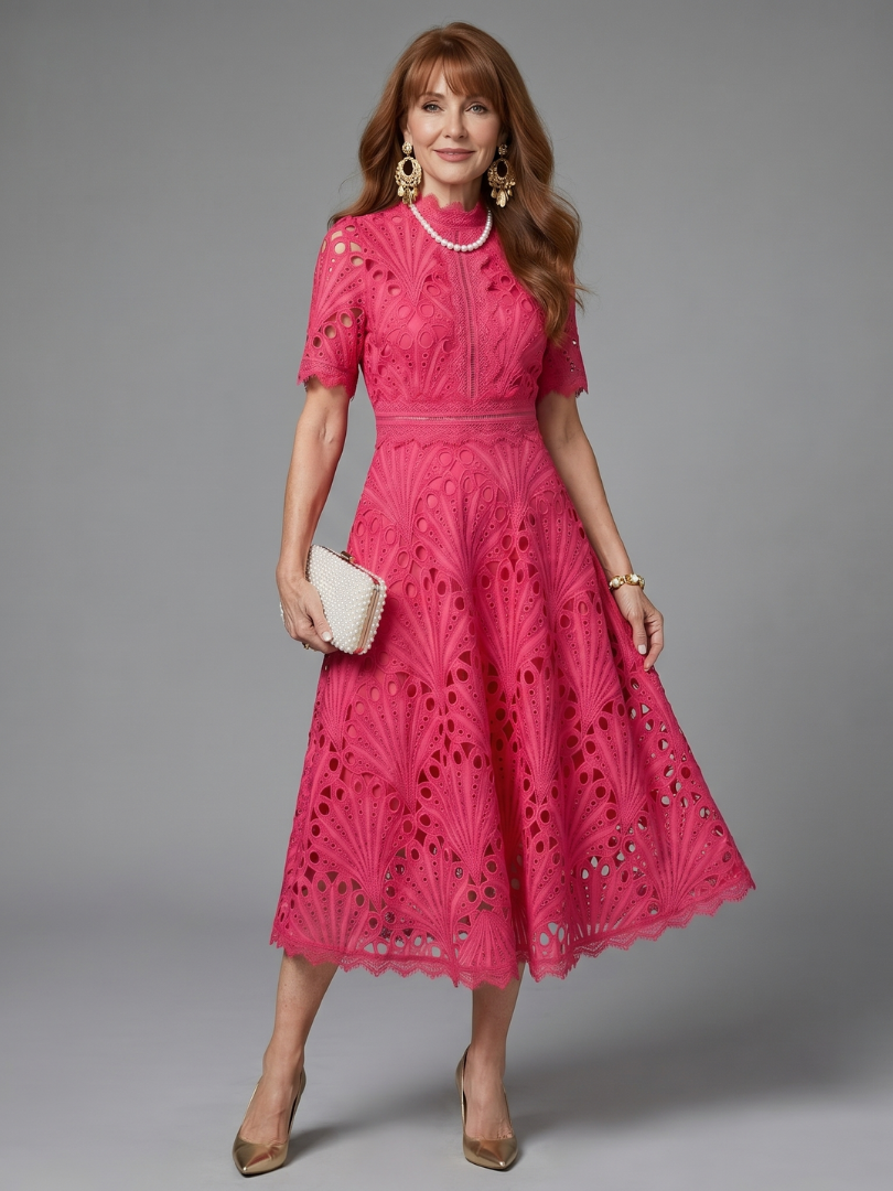 Tabitha Short Sleeve Eyelet Lace Fitted Waist Midi Dress