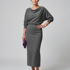 Ursula Draped Neckline Fitted Skirt Midi Dress