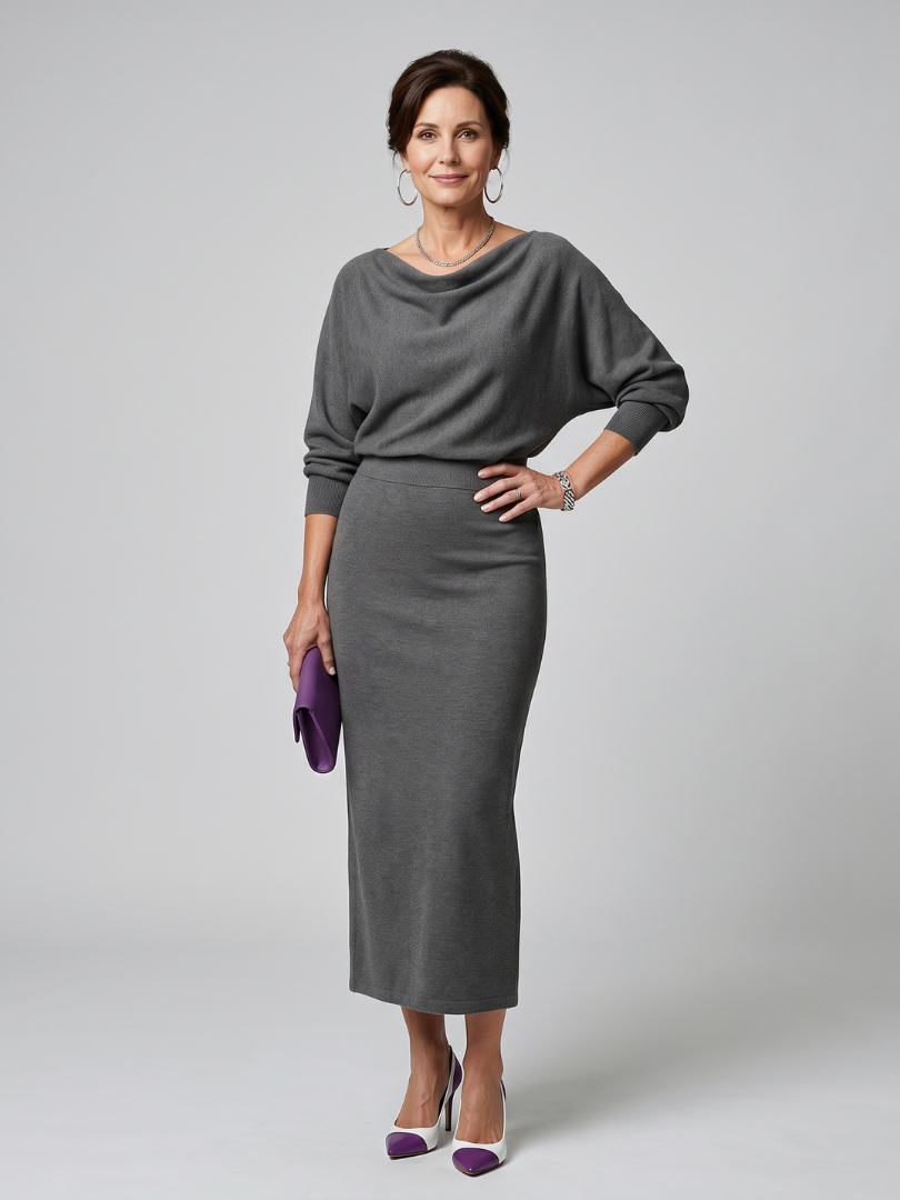 Ursula Draped Neckline Fitted Skirt Midi Dress