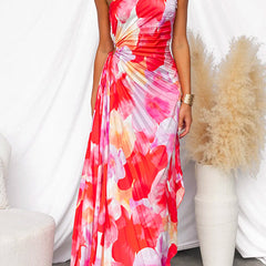 Celeste Vibrant Tropical Evening Dress with One-Shoulder Neckline