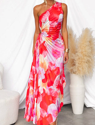 Celeste Vibrant Tropical Evening Dress with One-Shoulder Neckline