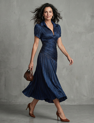 Theodora Pleated Waistline Stripe Midi Dress