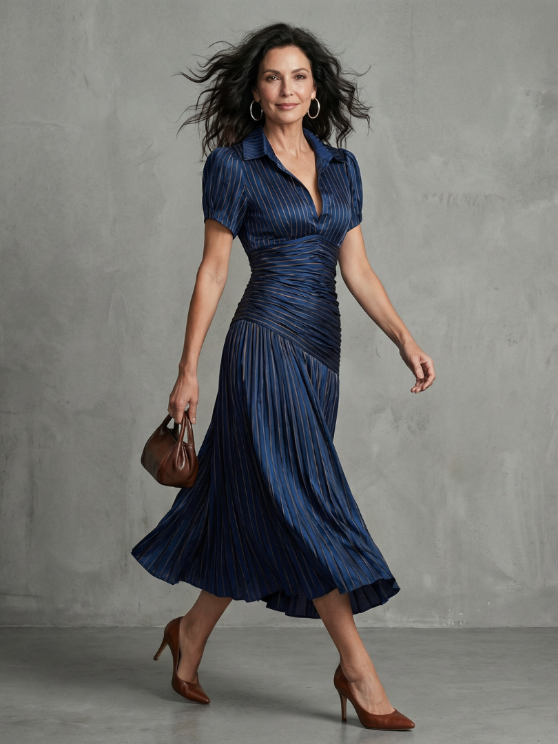 Theodora Pleated Waistline Stripe Midi Dress