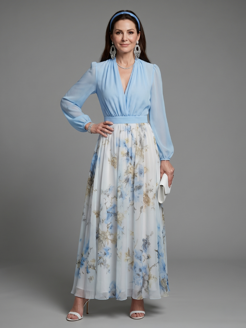 Augusta V Neck Sheer Bodice Floral Maxi Dress