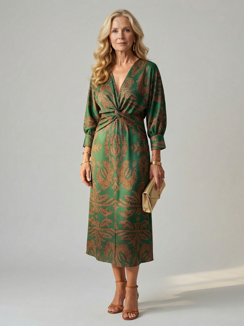 Lune Natural Wrap Midi Dress with Long Sleeves