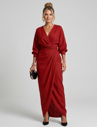 Fable Long Sleeve Wrap Overlap Skirt Midi Dress
