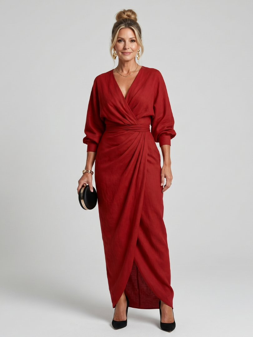 Fable Long Sleeve Wrap Overlap Skirt Midi Dress