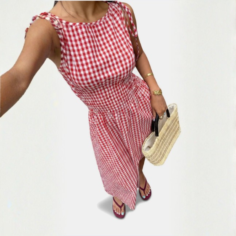 Smocked waist tie shoulder midi dress in red and white