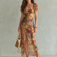 Ciel Ruffled Sleeve Ruched Slit Midi Dress