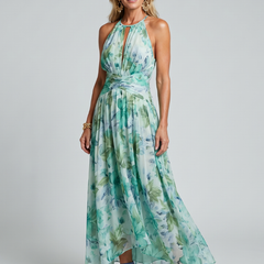 Portia Pleated Halter Soft Floral Pattern Midi Dress