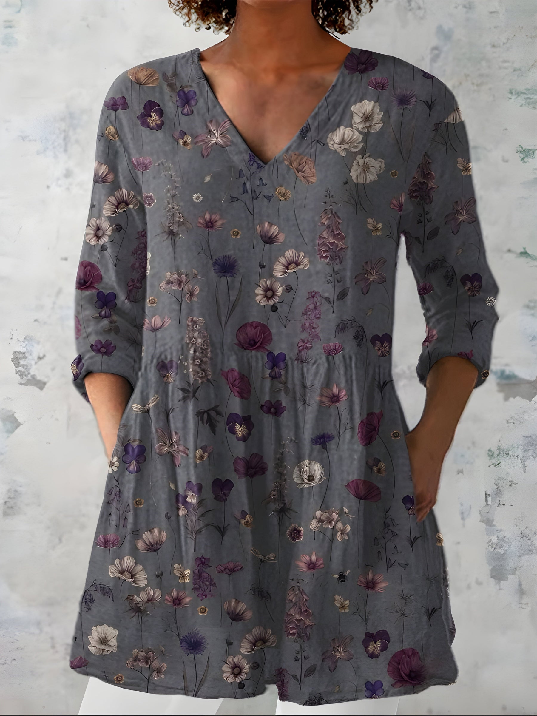 Addison grey long sleeve blouse with V-neckline